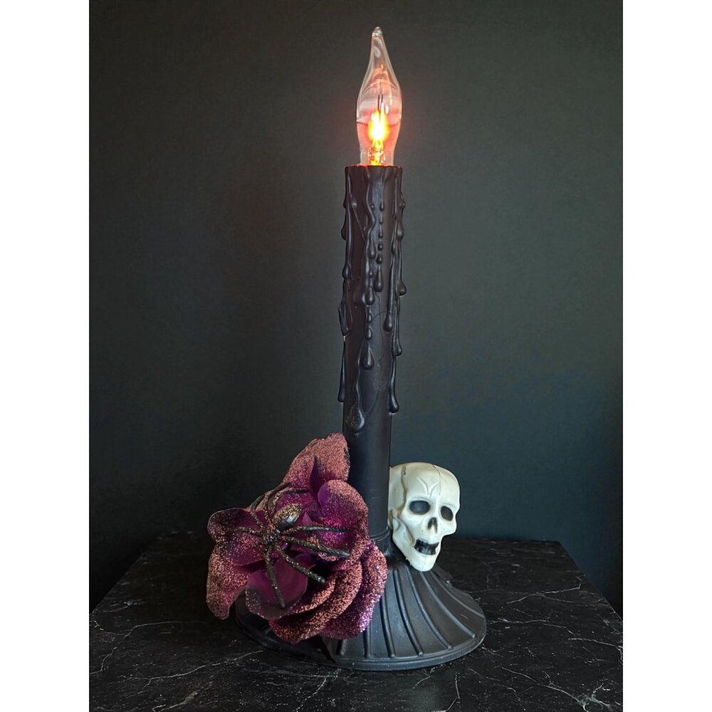 Upcycled Halloween Candle Window Light Electric flicker bulb Skull Pink Rose